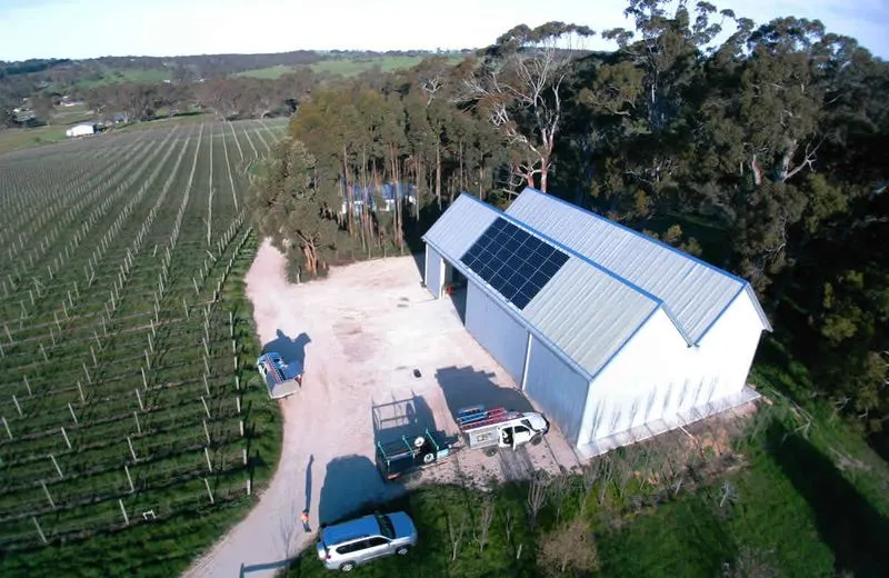 Solar panels on new shed roof at winery in Lobethal