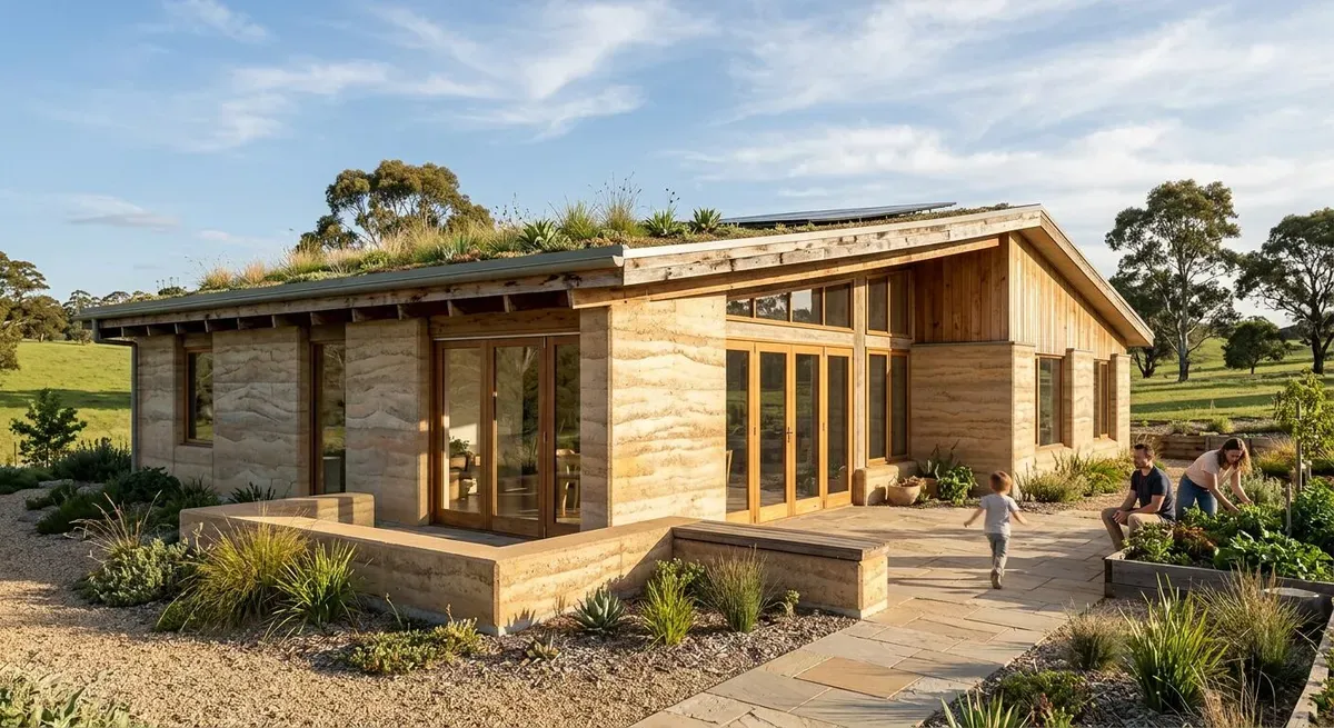 New rammed earth home with a family in the garden