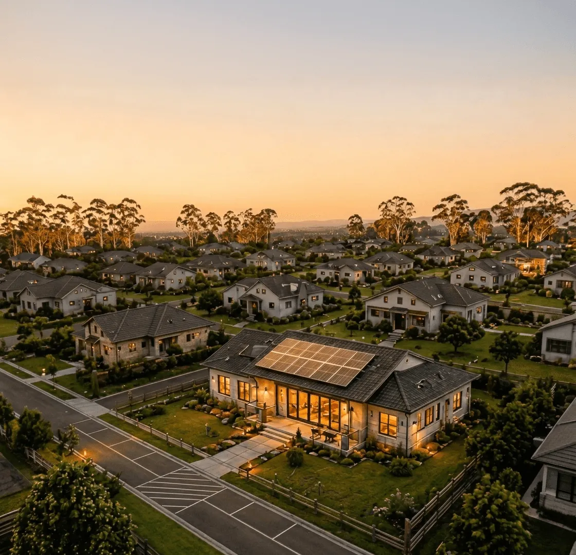Suburban home with rooftop solar panels at dusk
