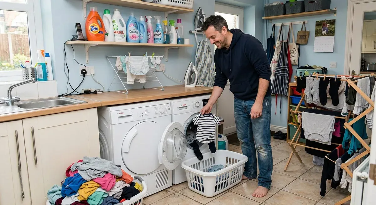 Man loading a washing machine in a family laundry