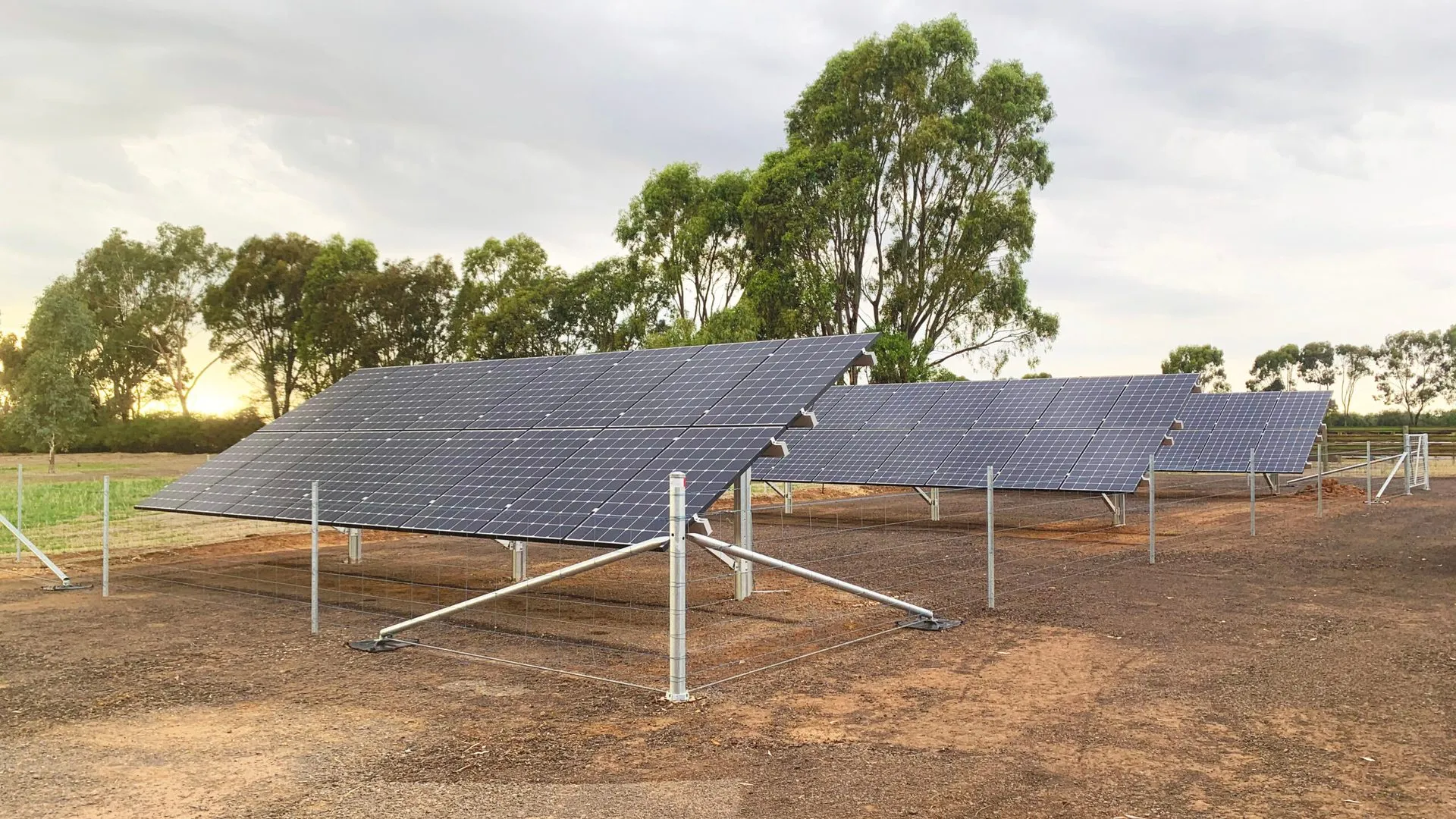 Ground-mounted off-grid solar arrays on a farm in central Victoria