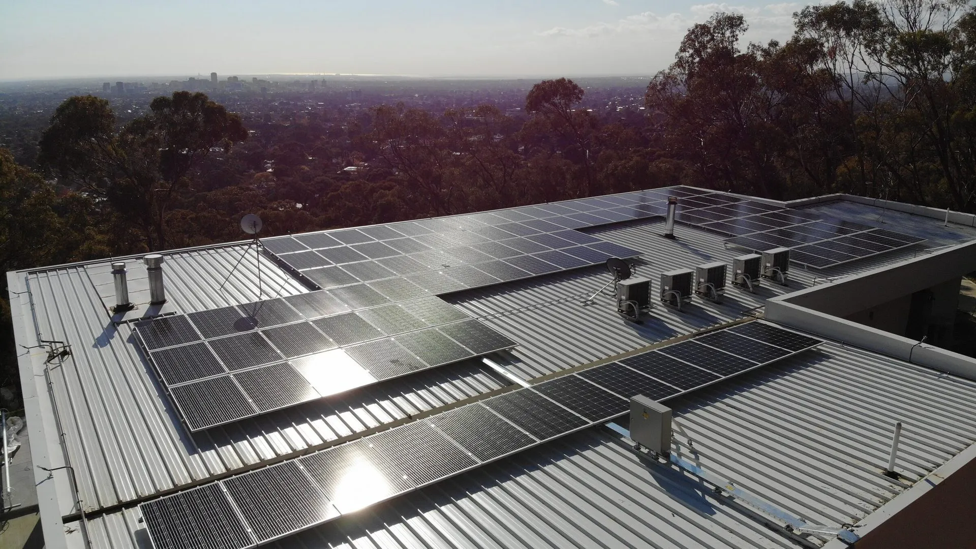Rooftop solar array on a commercial building in the Adelaide foothills