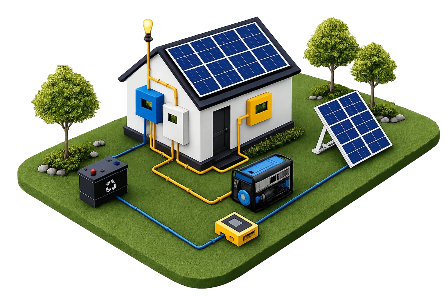 Diagram of an off-grid power system with solar panels, battery, generator, and household connections