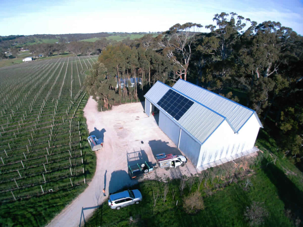 Solar panels on new shed roof at winery in Lobethal